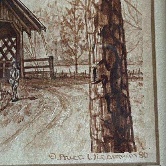 Vintage Signed Art Stone Mountain Covered Bridge 1980 Framed Wood - Picture 4 of 7